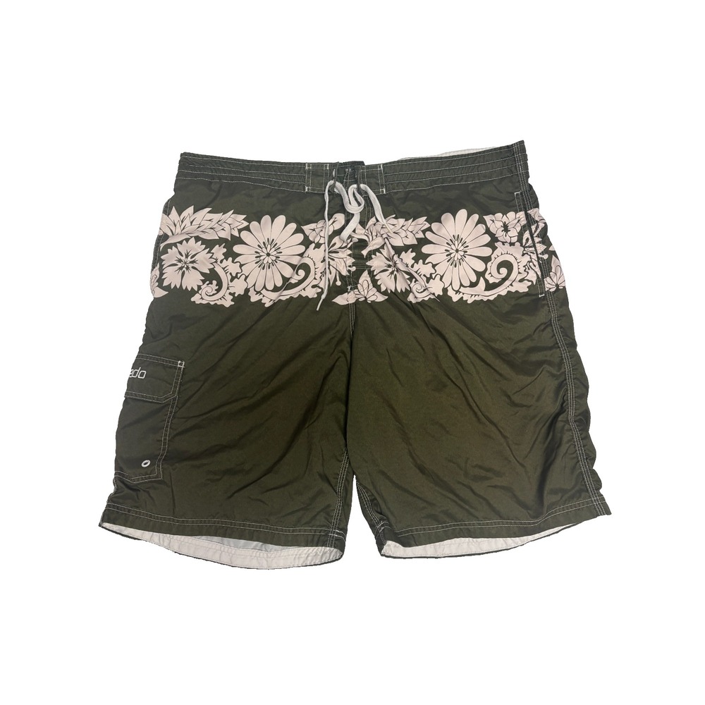 Speedo Mens XL Board Shorts Olive Green Floral Hibiscus Cargo Pocket Swim Trunks